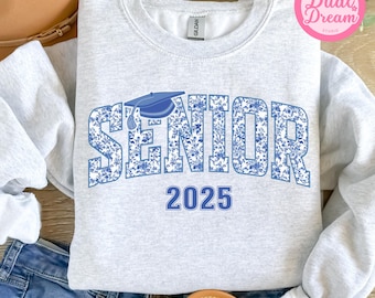 Custom Blue Chinoiserie Coquette Bow Graduation Sweatshirt,Personalized Senior 2025,Class Of 2025 Shirt,Senior Gift Graduation,Senior Hoodie