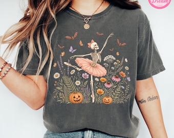 Comfort Colors Ballerina Skeleton Shirt, Pink Ballet Skeleton Tee, Coquette Halloween Wildflower Floral Cottagecore T-Shirt