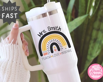 Personalized Teacher Tumbler, Rainbow Pencil Design, Custom Name Gift for Educators