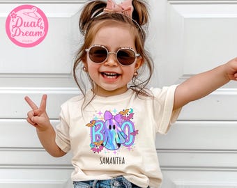 Custom Iridescent Coquette Halloween Girls Ghost Shirt, Cute Little Girl Tee, Girly Spooky T-Shirt, Aesthetic Halloween Outfit, Boo Girls.
