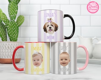 Personalized Photo Baby Face Mug, Custom Stripe Baby Picture Cup, Mothers Day Gift, New Grandparents Mug Keepsake, New Mom Dad Coffee Gift.