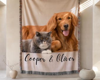 Custom Woven Pet Blanket with Photo & Name, Dog Cat Horse Throw, Personalized Pet Memorial Gift, Pet Lover Blanket with Text, Animal photo.