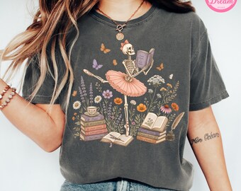 Comfort Colors Book Lover Halloween Shirt, Skeleton Reading Tee, Wildflower Cottagecore Shirt, Spooky Bookish Coquette T- Shirt
