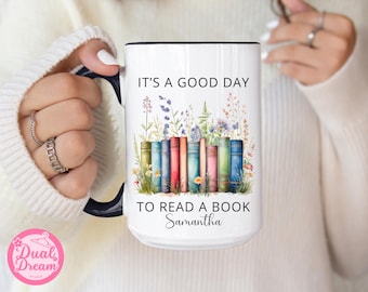 È una bella giornata per leggere una tazza con un libro, tazza da libreria floreale personalizzata, regalo per gli amanti dei libri per insegnanti, bibliotecari, lettori, tazza da caffè per amanti dei libri.