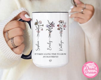 Personalized Best Friends Mug, Custom Birth Flower Coffee Cup, Friendship Gift For Women, Bestie Birthday Christmas Present, Sisters Gift.
