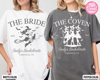 Maglietta personalizzata "Addio al nubilato di Halloween Comfort Colors®", maglietta "Sposa stregata", maglietta per festa nuziale in stile gotico, maglietta "Sposa spettrale o congrega", maglietta da matrimonio