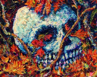 Skull in Autumn Leaves Signed 8" x 10" print by Mister Reusch