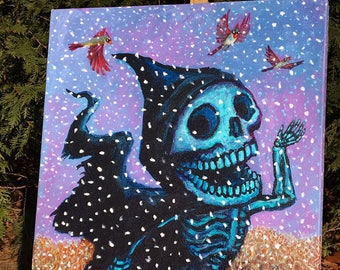 Winter Reaper with Cardinals and Red Squirrels Original Acrylic Painting by Mister Reusch