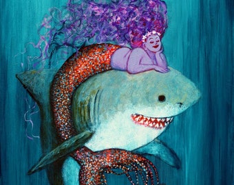 Mermaid & Great White Shark Signed Print by Mister Reusch