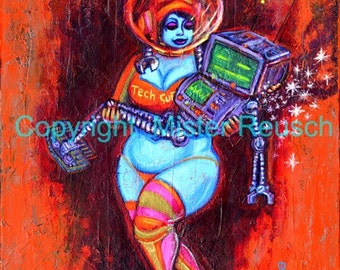 Spacegirl And Robot Sci Fi Pinup Signed Art Print by Mister Reusch