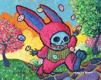 Skeleton Easter Bunny Juggling Eggs Original Painting by Mister Reusch