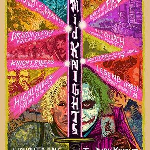 Può includere: Un poster cinematografico in stile vintage per agosto 2024 al Coolidge Corner Theatre, con un design a spada e titoli di film come "The Dark Knight" e "Army of Darkness". Il poster ha uno sfondo beige con accenti rosa e viola.