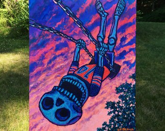 Summer Sunset Skeleton on Swingset Original 18" x 24" Acrylic Painting by Mister Reusch