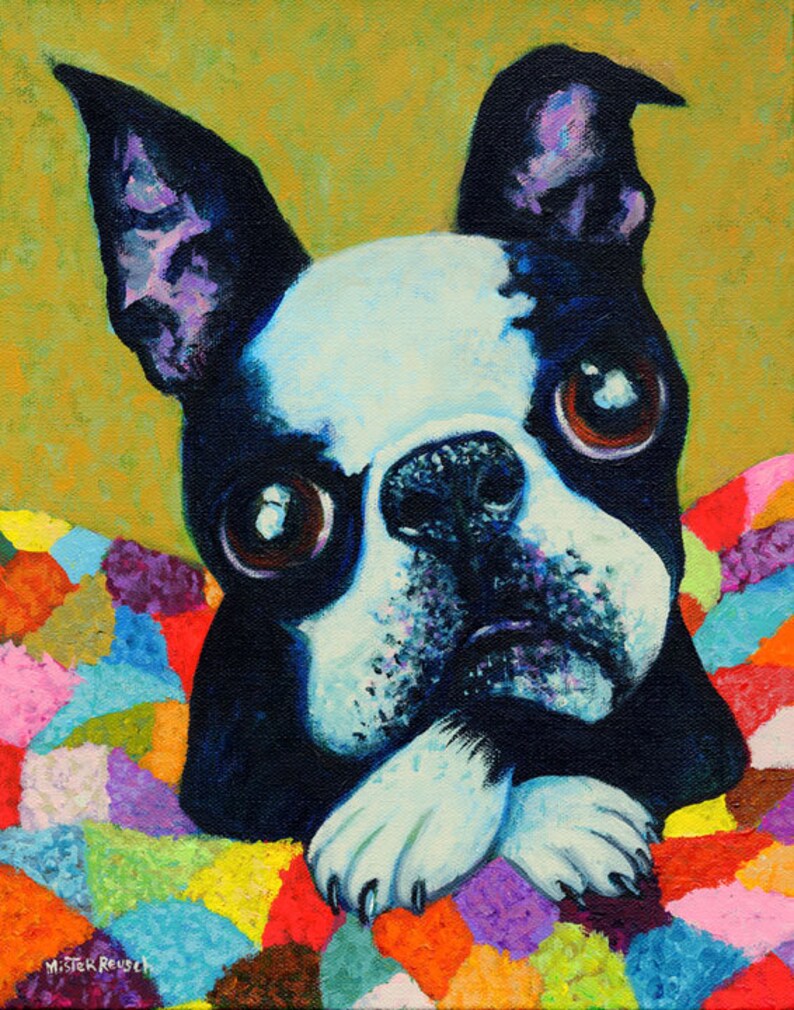 May include: A Boston Terrier dog with black and white fur is lying on a colorful patchwork quilt. The dog has a serious expression and its eyes are wide open. The quilt is made of many different colors and patterns.