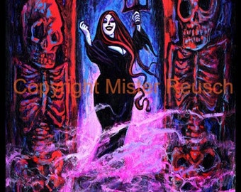 Vampire Woman and Skeletons Signed Halloween Art Print by Mister Reusch