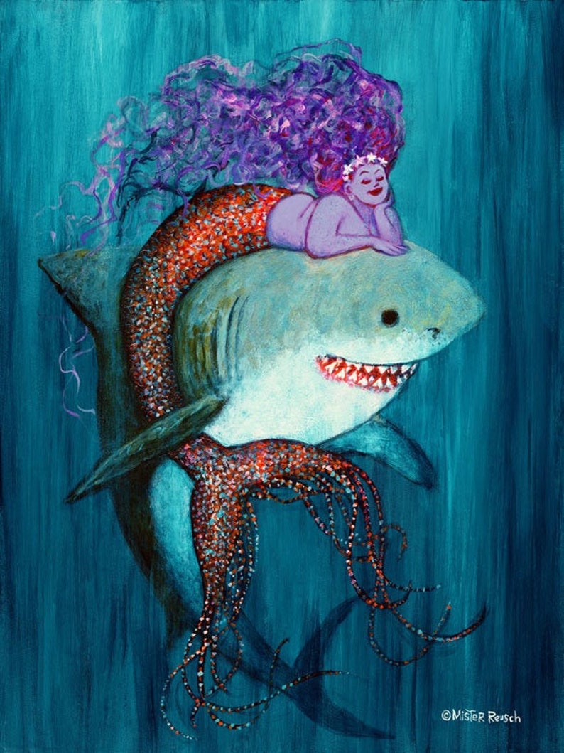 Mermaid & Great White Shark Signed Print by Mister Reusch image 1