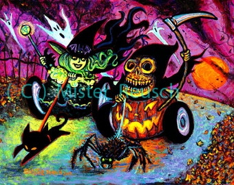 Race with Death Halloween Witch and Grim Reaper Art Print by Mister Reusch