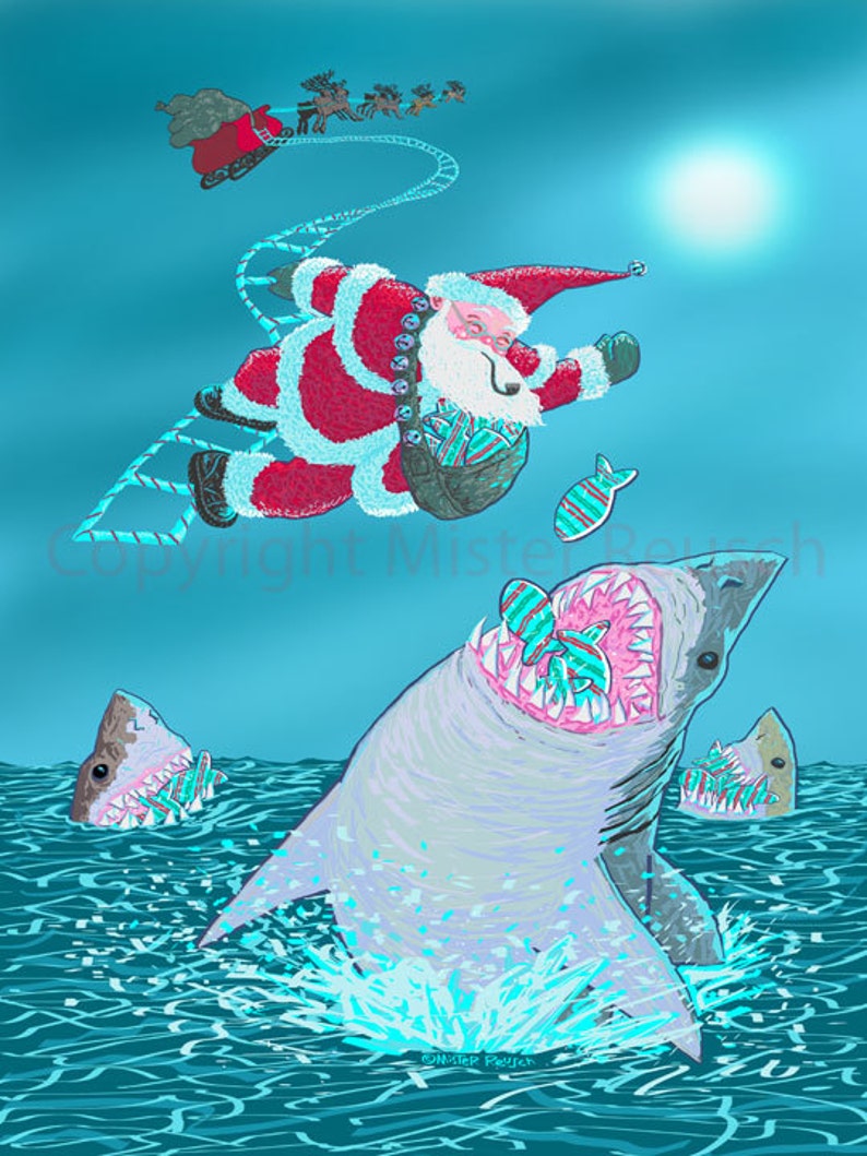 NEW Santa Claus Feeding Great White Sharks Christmas Print by Etsy