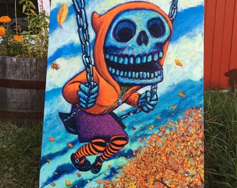 Autumn Skeleton Girl on Swingset Original Painting by Mister Reusch