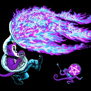 May include: A cartoon illustration on a black background features a purple devil playing a sousaphone with a flame-like plume of blue, purple, and white. A monkey with a drum and a pentagram is running to the right. The artist's signature is in the lower right.