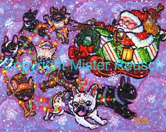 French Bulldog Santa Sleigh Holiday Art Print by Mister Reusch