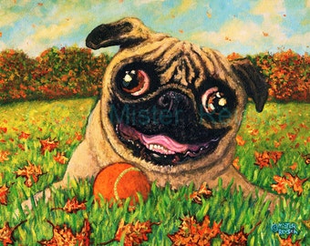 Autumn Pug with Ball Signed Print by Mister Reusch