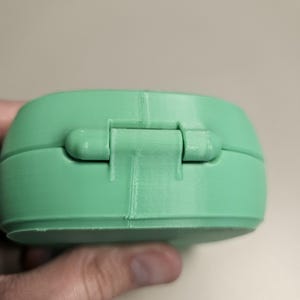 Puede incluir: Un recipiente verde claro, redondeado y con bisagras. El recipiente est&aacute; hecho de un material s&oacute;lido y tiene una bisagra visible. El recipiente est&aacute; sostenido por una mano. El recipiente es de color verde claro liso.