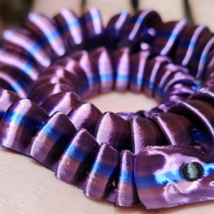 May include: A coiled, articulated snake toy in shades of purple, blue, and pink. The segmented body and head are clearly defined, with a smooth, reflective finish. The toy is designed to be flexible and poseable.