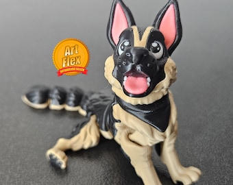 May include: A 3D-printed German Shepherd figurine in a playful pose. The dog has a black and tan coat, with a pink tongue and inner ears. The figurine has the text "Art Flex Authorized Seller" on a gold badge.