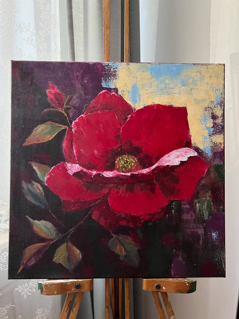 Red Rose Painting Floral Original Art Rose Flower Artwork Acrylic