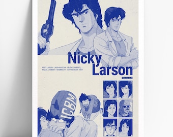 May include: A blue and white poster with the title "Nicky Larson" in large white letters. The poster features a blue silhouette of a man holding a gun, and a group of characters from the anime series.