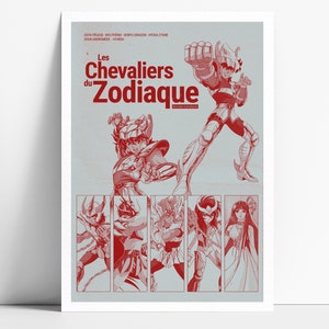Peut inclure: Une affiche rouge et blanche avec le titre "Les Chevaliers du Zodiaque" et des images des personnages de la série animée. Les personnages portent des armures et sont en position de combat.