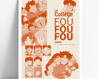 May include: A vintage poster with a cream background features cartoon illustrations of various characters in shades of orange. The text "Le Collège FOU FOU FOU" is prominently displayed. The poster has a retro aesthetic.