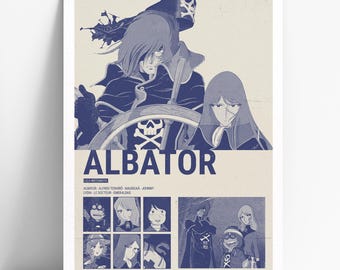 May include: A blue and beige poster for the anime series "Albator." The poster features illustrations of characters and the title "Albator" in large text. Additional text includes character names and the artist's name.