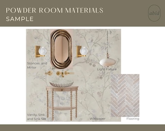 Pode incluir: Inspiração para o design de um lavabo com uma pia e uma torneira, um espelho com candelabros, uma luminária, papel de parede com padrão floral e piso de ladrilho de espinha de peixe.