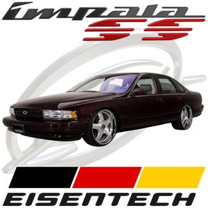 Pode incluir: Um sedan Impala SS bordô com rodas cromadas. A imagem inclui o texto "Impala SS" em preto e vermelho e o texto "EISENTECH" em preto, vermelho e amarelo.