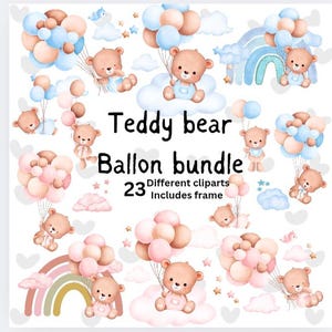Könnte beinhalten: Ein digitales Clipart-Paket mit 23 Aquarell-Illustrationen von Teddybären, die Ballons halten. Die Illustrationen beinhalten einen Regenbogenbogen, Wolken und Sterne. Der Text "Teddy bear Balloon bundle 23 Different cliparts Includes frame" ist im Bild enthalten.