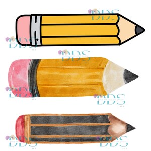 May include: Three pencils with different designs. The top pencil is yellow with black trim, a pink eraser, and a black tip. The middle pencil is watercolor style, with a yellow body, pink eraser, and black tip. The bottom pencil is black with orange stripes and a brown tip.