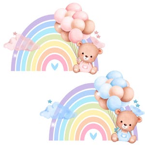Cartão de chá de bebê de ursinho de pelúcia – rosa e azul para revelação do sexo do bebê – download digital – cartão de boas-vindas para bebê – arco-íris fofo