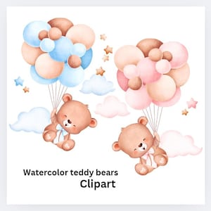 May include: Two watercolor teddy bears holding onto balloons. The bear on the left is holding blue and brown balloons, while the bear on the right is holding pink and brown balloons. Both bears are smiling and have a bow tied around their necks. The bears are floating in the air with clouds and stars in the background.