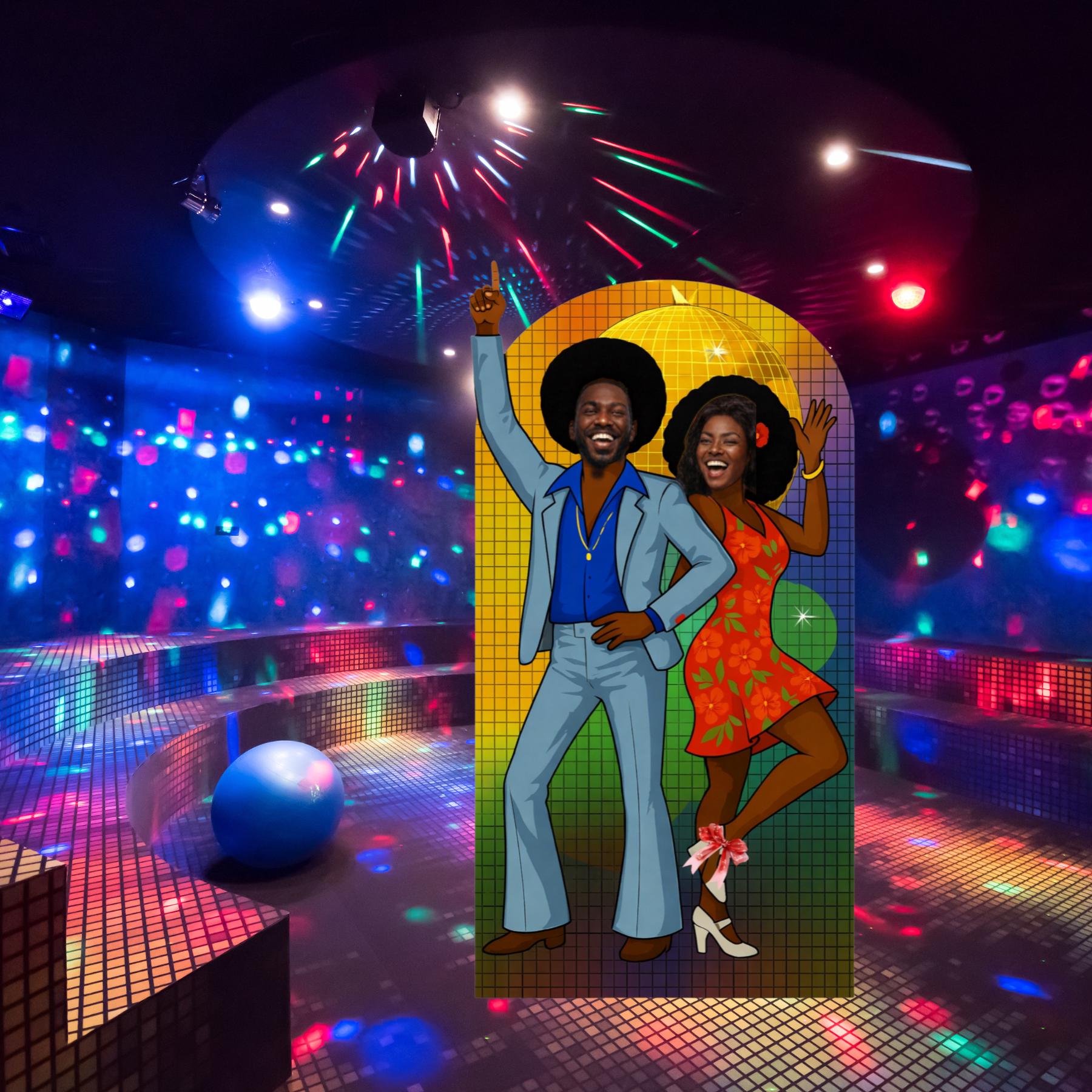 Standee Retro Retro 70s Disco Couple Photo Booth Standee | Dark Skin Tone (5ft ...