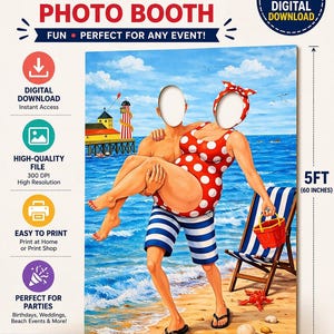 Może przedstawiać: Stojak fotograficzny o wysokości 152 cm z motywem plażowym, przedstawiający parę. Kobieta ma na sobie czerwony kostium kąpielowy w białe grochy. Stojak zawiera tekst "5FT STANDEE PHOTO BOOTH" i "POBIERANIE CYFROWE".