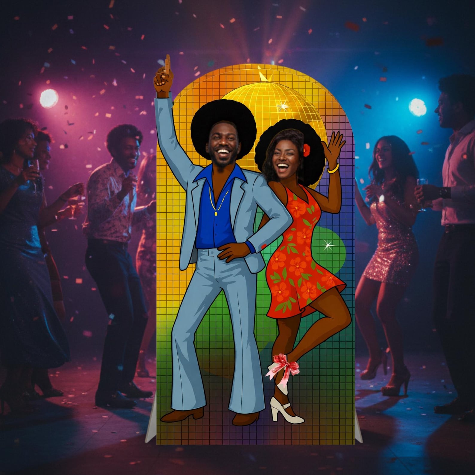 Standee Retro Retro 70s Disco Couple Photo Booth Standee | Dark Skin Tone (5ft ...