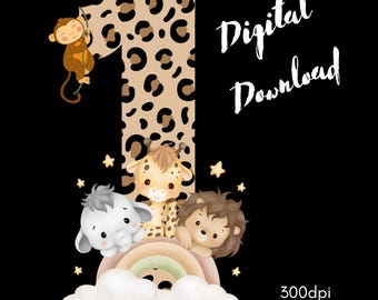 ワイルドワン バースデーシャツ昇華デザイン：ジャングルの動物たち（PNG デジタルダウンロード）
