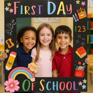 Può includere: Una cornice nera per fototessera con le parole "FIRST DAY OF SCHOOL" in lettere colorate. La cornice presenta decorazioni a tema scolastico e tre bambini sorridenti all'interno.