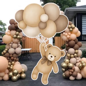 May include: A whimsical illustration of a teddy bear holding a cluster of balloons in shades of brown and beige. The balloons are arranged in a cloud-like shape. The background features balloon arches in similar colors, suggesting a party or celebration.