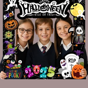 May include: A Halloween-themed photo frame with the words "Happy Halloween Trick or Treat" in a black and white design. The frame features cartoon pumpkins, ghosts, and the numbers "2025". Three children are smiling inside the frame.