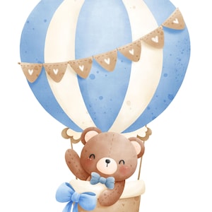 Ours en peluche png, montgolfière ours en peluche clipart standup prop| Grande oeuvre d'art murale pour chambre de bébé | Bleu baby shower PNG | Téléchargement numérique
