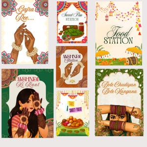 Puede incluir: Un conjunto de tarjetas ilustradas coloridas con texto. Las tarjetas presentan ilustraciones de manos con henna, comida y texto como "Sweet Pan Station", "Mehndi Station" y "Take a Sweet-Treat". El tema general está relacionado con la cultura india.