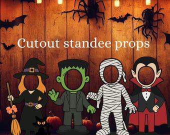 May include: Halloween cutout standee props featuring a witch, Frankenstein's monster, a mummy, and Dracula. Each character has a face cutout. The background includes bats, spiders, and pumpkins. The text "Cutout standee props" is at the top.